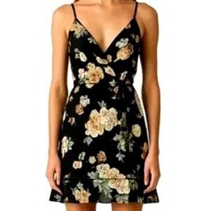 BOG COLLECTIVE Small Black Pink Floral Faux‎ Wrap Mini Sundress Shirred Ruffles
